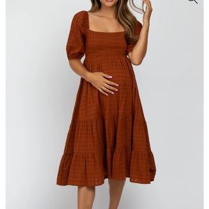 Rust Plaid Square Neck Maternity Midi Dress